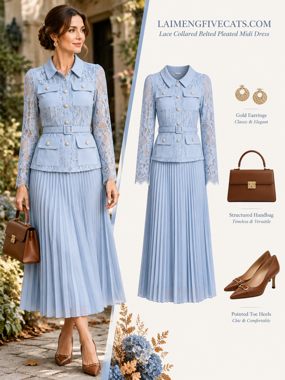 28729 Elegant Lace Pleated Midi Dress with Belt – 4 Colors