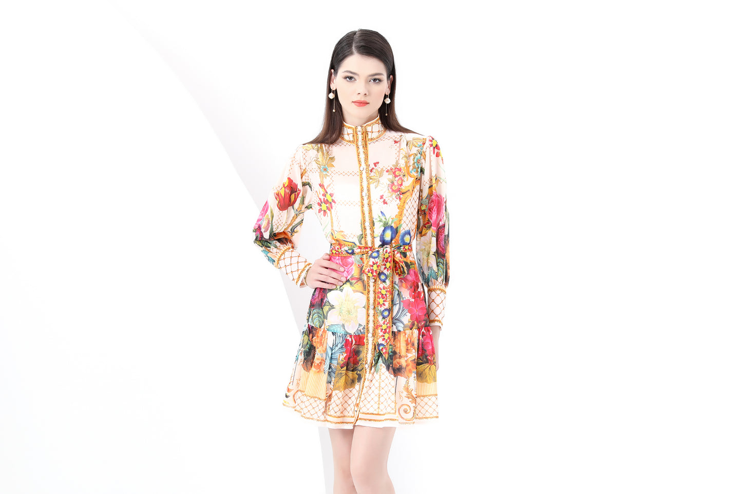 Women's Floral Print Lantern Sleeve Ruffle Mini Dress