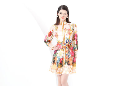 Women's Floral Print Lantern Sleeve Ruffle Mini Dress