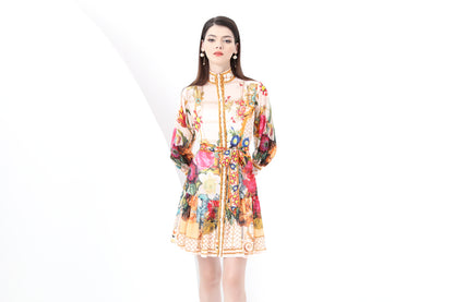 Women's Floral Print Lantern Sleeve Ruffle Mini Dress