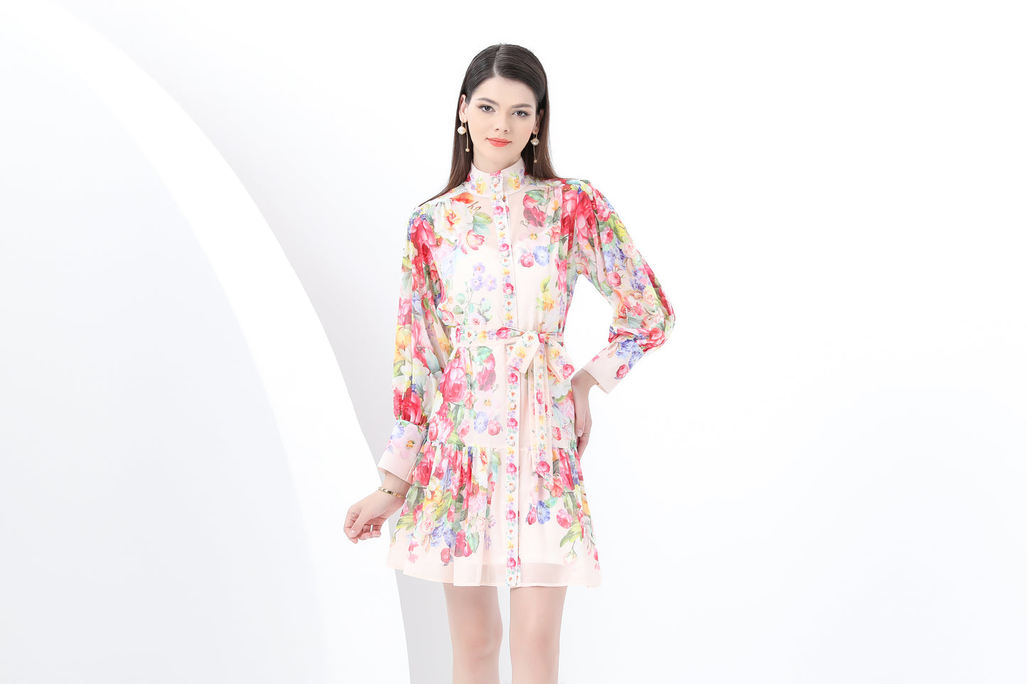 Women's Floral Print Lantern Sleeve Ruffle Mini Dress