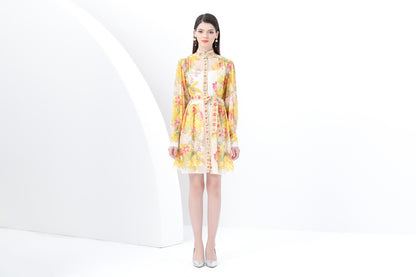 Women's Floral Print Lantern Sleeve Ruffle Mini Dress