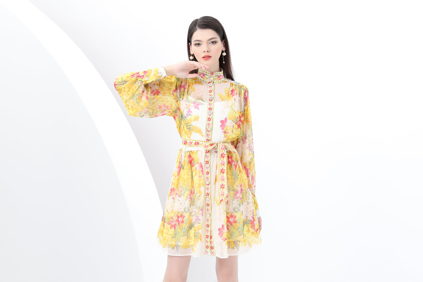 Women's Floral Print Lantern Sleeve Ruffle Mini Dress