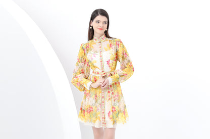 Women's Floral Print Lantern Sleeve Ruffle Mini Dress