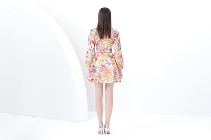 Women's Lantern Sleeve Floral Print Mini Dress