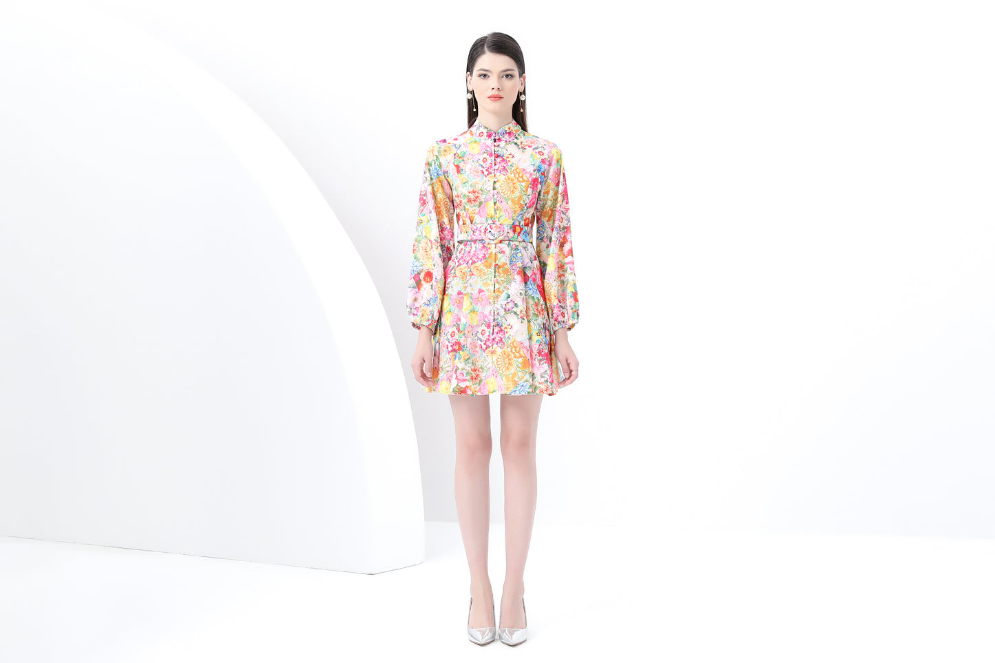 Women's Lantern Sleeve Floral Print Mini Dress