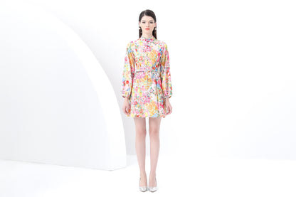 Women's Lantern Sleeve Floral Print Mini Dress