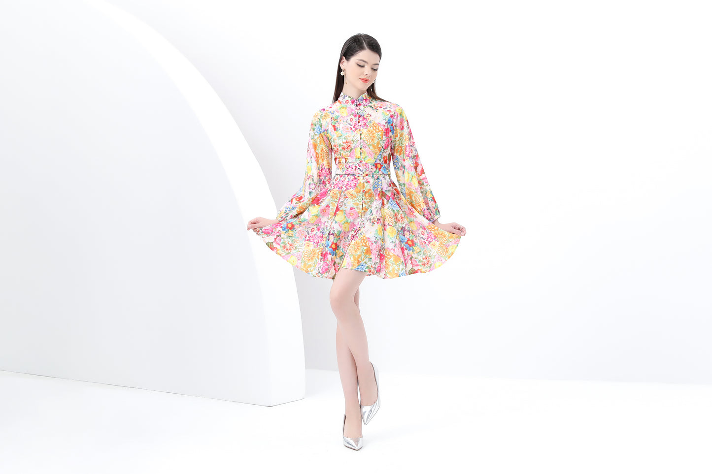 Women's Lantern Sleeve Floral Print Mini Dress