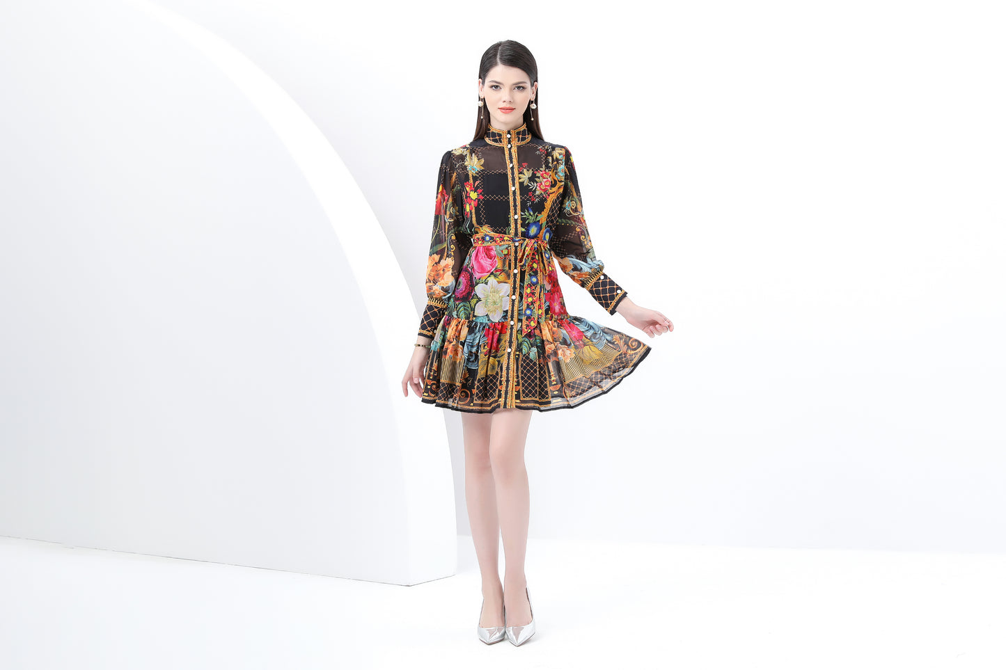 Women's Floral Print Lantern Sleeve Ruffle Mini Dress