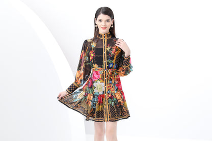 Women's Floral Print Lantern Sleeve Ruffle Mini Dress