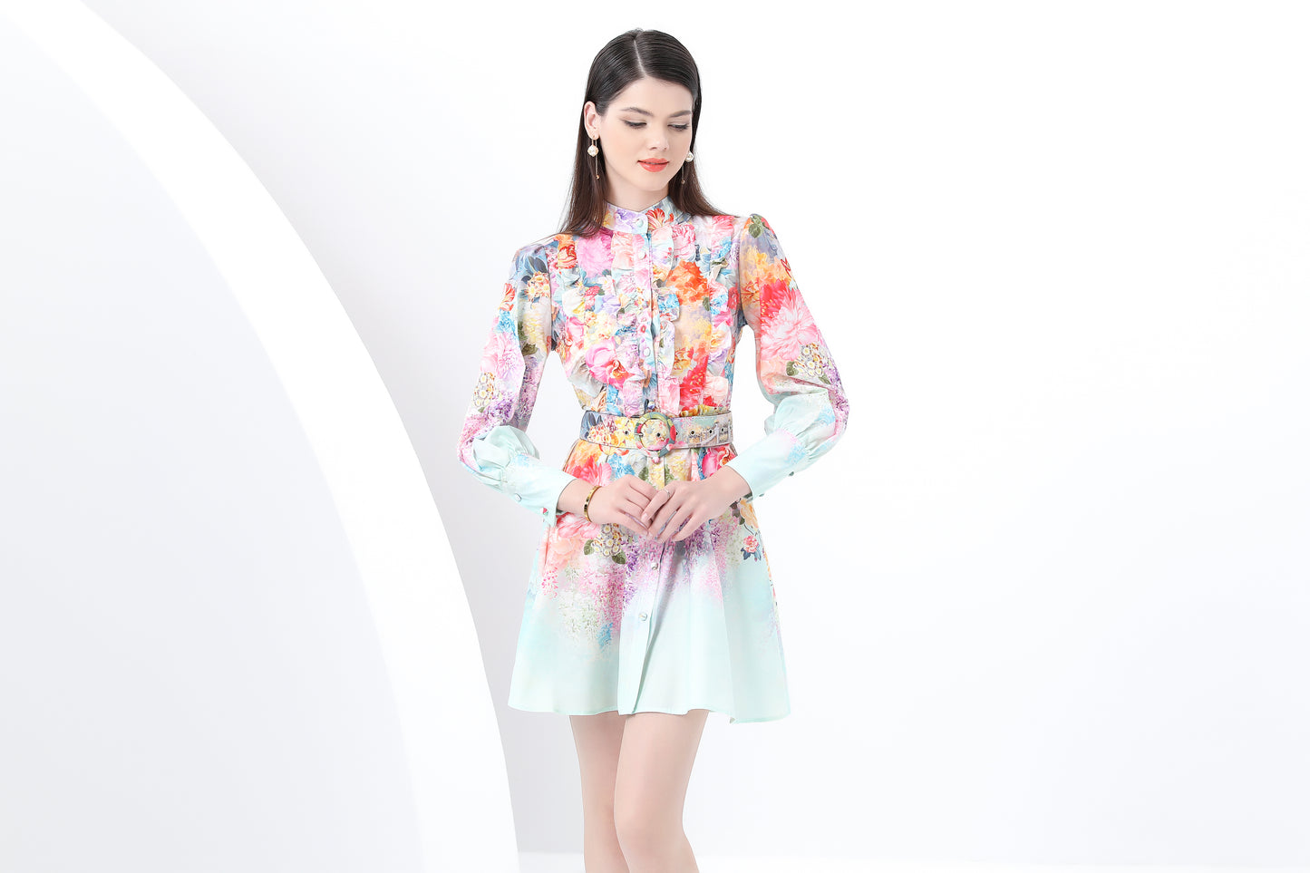 Women's Floral Print Lantern Sleeve Ruffle Mini Dress