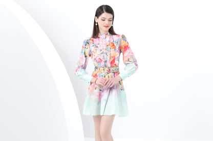 Women's Floral Print Lantern Sleeve Ruffle Mini Dress