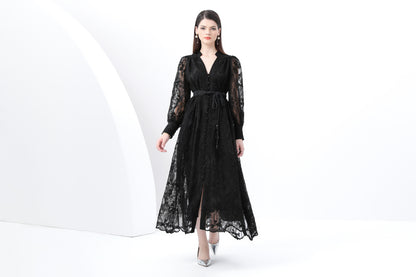 Women's V-Neck Lace Lantern Sleeve Mesh Maxi Dress