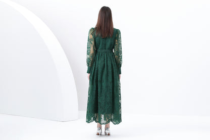 Women's V-Neck Lace Lantern Sleeve Mesh Maxi Dress