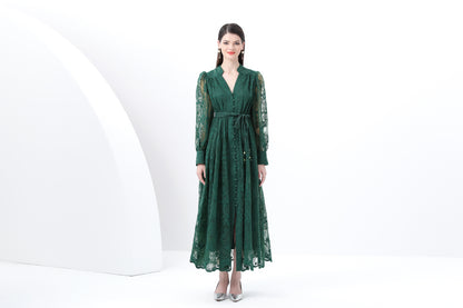 Women's V-Neck Lace Lantern Sleeve Mesh Maxi Dress