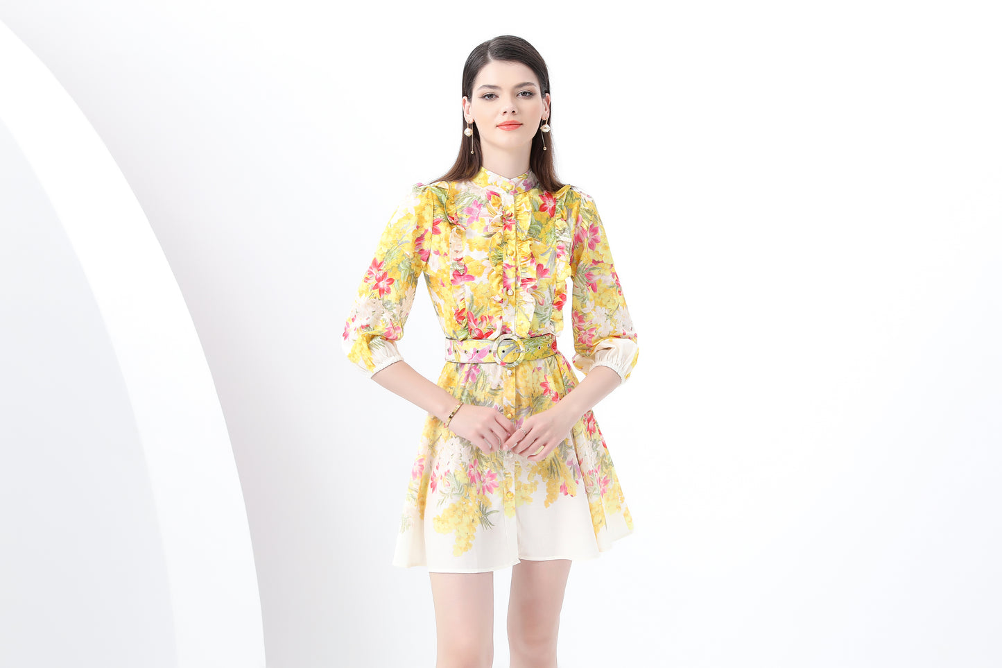 Women's Floral Print Lantern Sleeve Ruffle Mini Dress