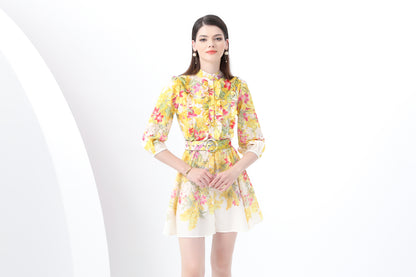 Women's Floral Print Lantern Sleeve Ruffle Mini Dress