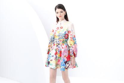 Women's Lantern Sleeve Floral Print Mini Dress