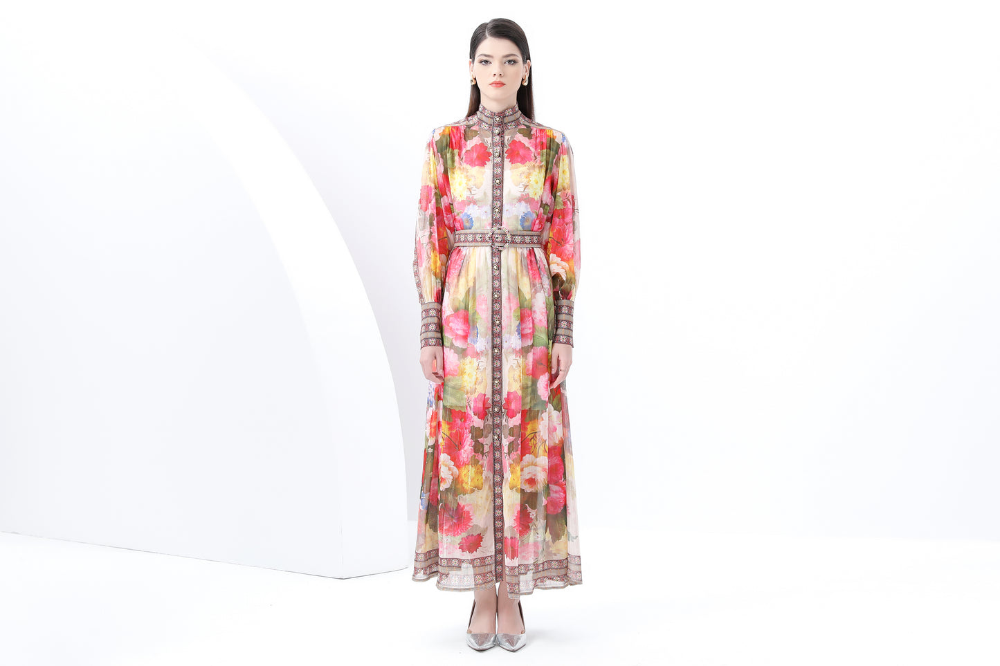 Women's Printed High-neck Puff Sleeves Slit Maxi Dress