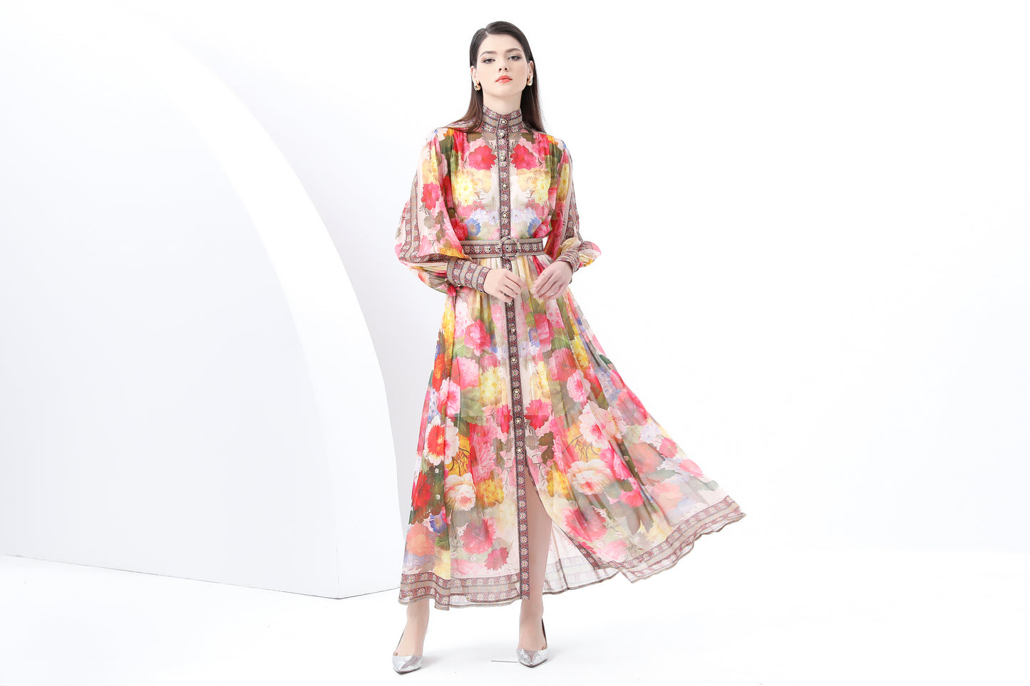 Women's Printed High-neck Puff Sleeves Slit Maxi Dress