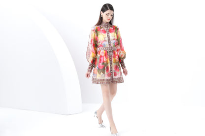 Women's Chiffon Floral Print Lantern Sleeve Mini Dress