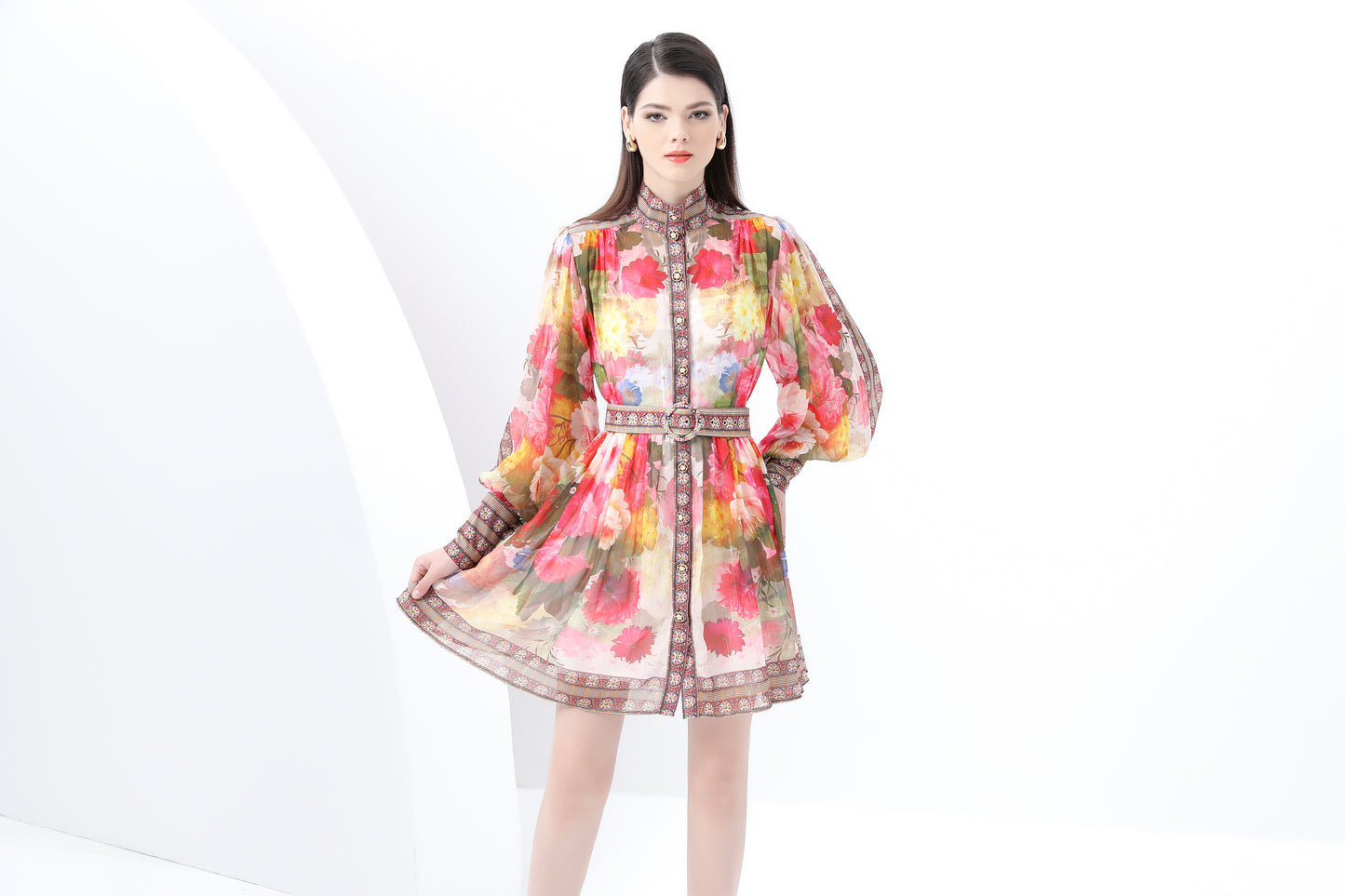 Women's Chiffon Floral Print Lantern Sleeve Mini Dress