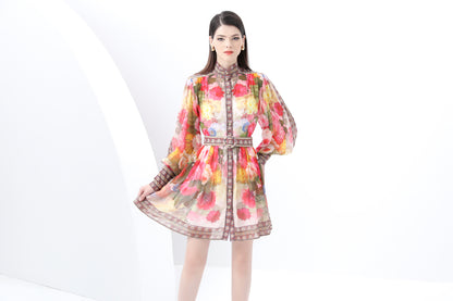 Women's Chiffon Floral Print Lantern Sleeve Mini Dress