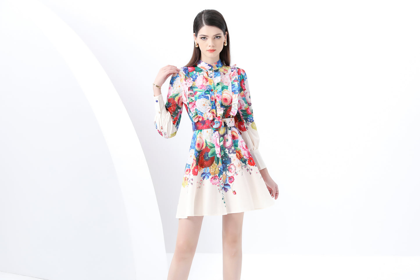 Women's Floral Print Lantern Sleeve Ruffle Mini Dress