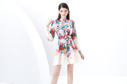 Women's Floral Print Lantern Sleeve Ruffle Mini Dress