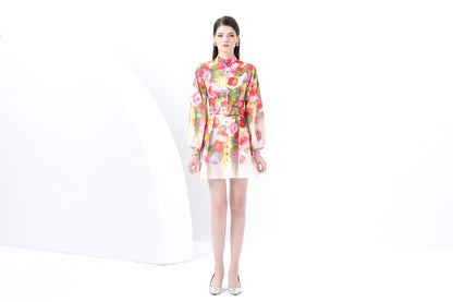 Women's Lantern Sleeve Floral Print Mini Dress