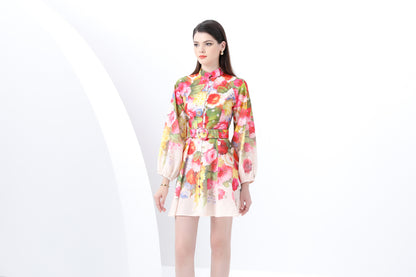 Women's Lantern Sleeve Floral Print Mini Dress