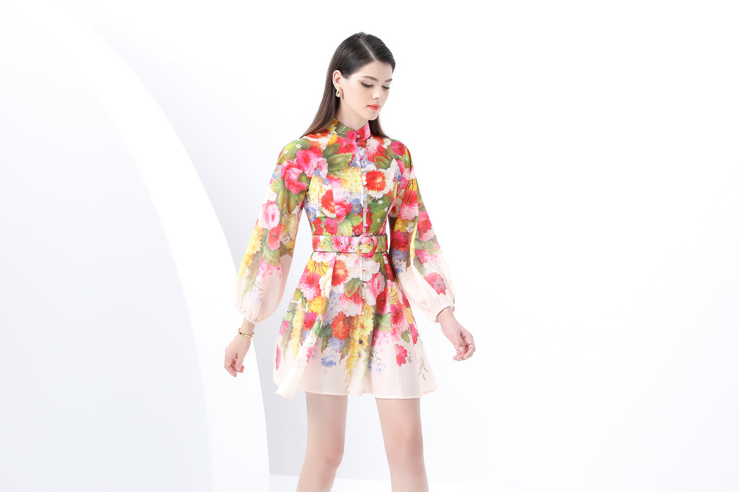 Women's Lantern Sleeve Floral Print Mini Dress