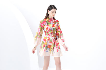 Women's Lantern Sleeve Floral Print Mini Dress