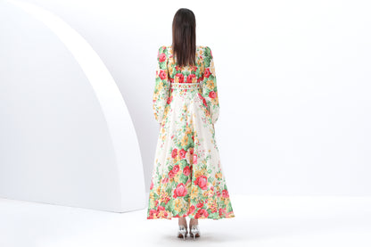 Women's Floral Print Puff Sleeve Split Maxi Dress