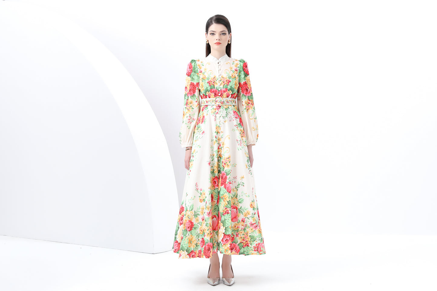 Women's Floral Print Puff Sleeve Split Maxi Dress