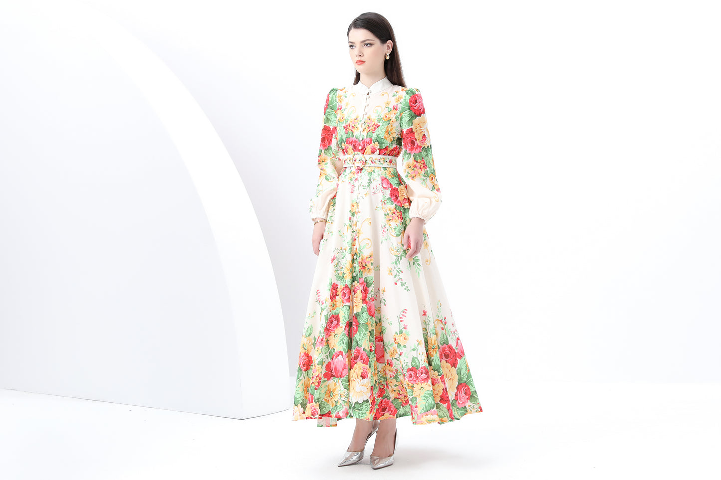 Women's Floral Print Puff Sleeve Split Maxi Dress