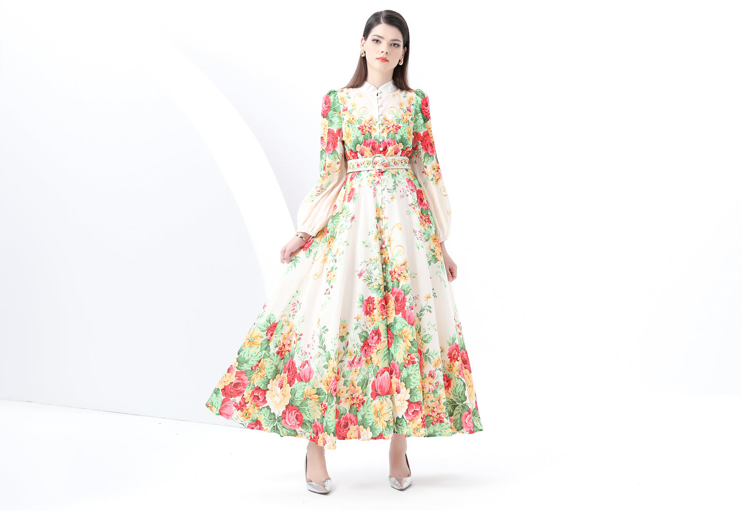 Women's Floral Print Puff Sleeve Split Maxi Dress