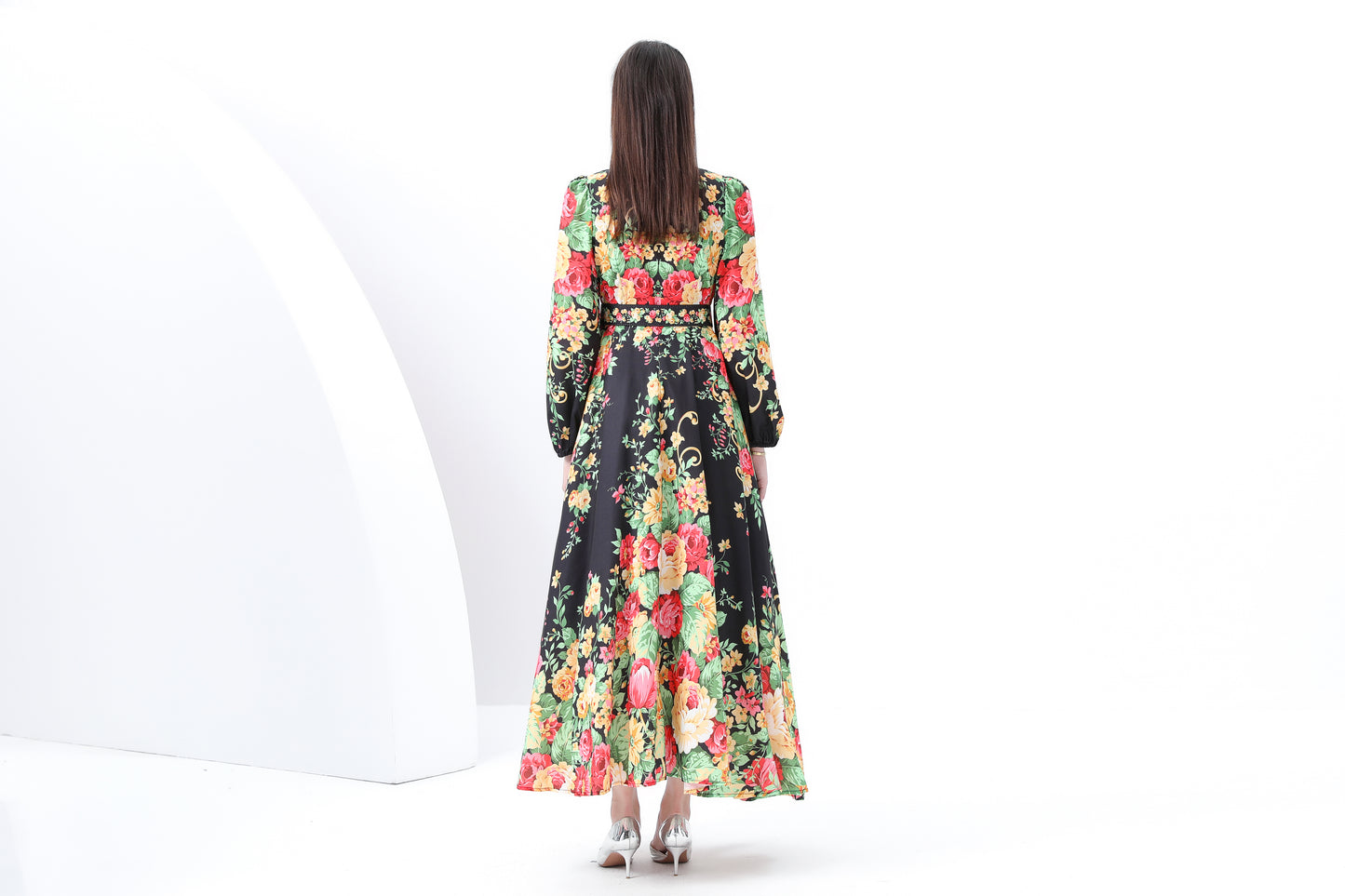 Women's Floral Print Puff Sleeve Split Maxi Dress