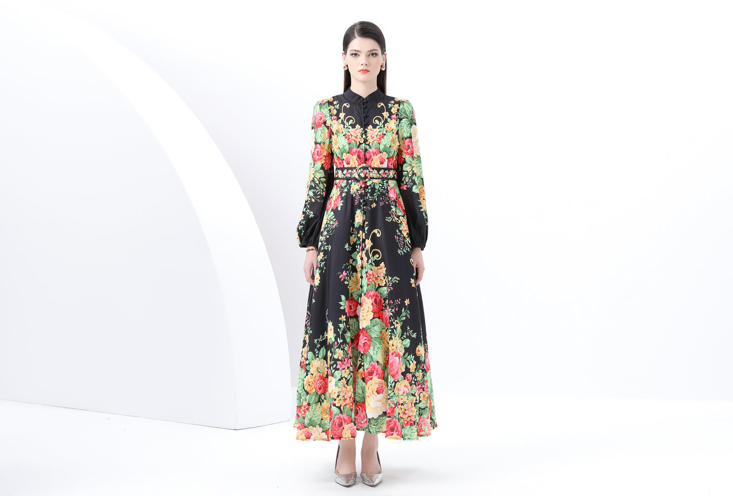 Women's Floral Print Puff Sleeve Split Maxi Dress