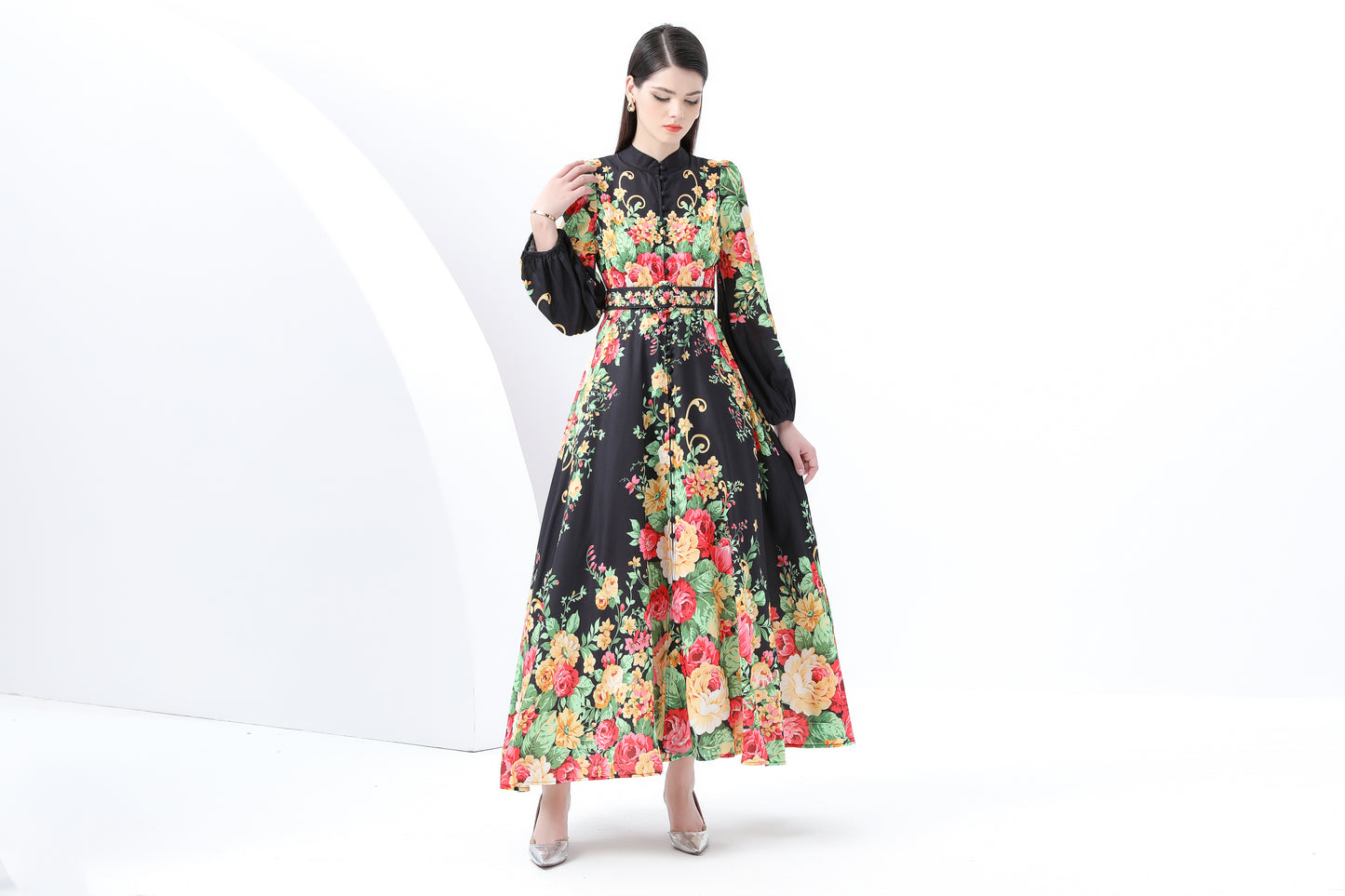 Women's Floral Print Puff Sleeve Split Maxi Dress