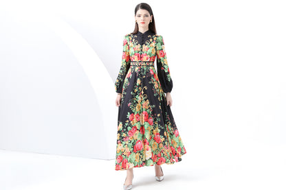 Women's Floral Print Puff Sleeve Split Maxi Dress