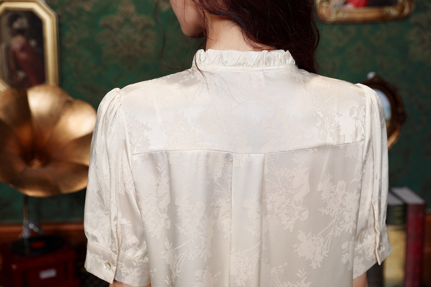 Women's Silk Satin Embroidery Jacquard Blouse Tops
