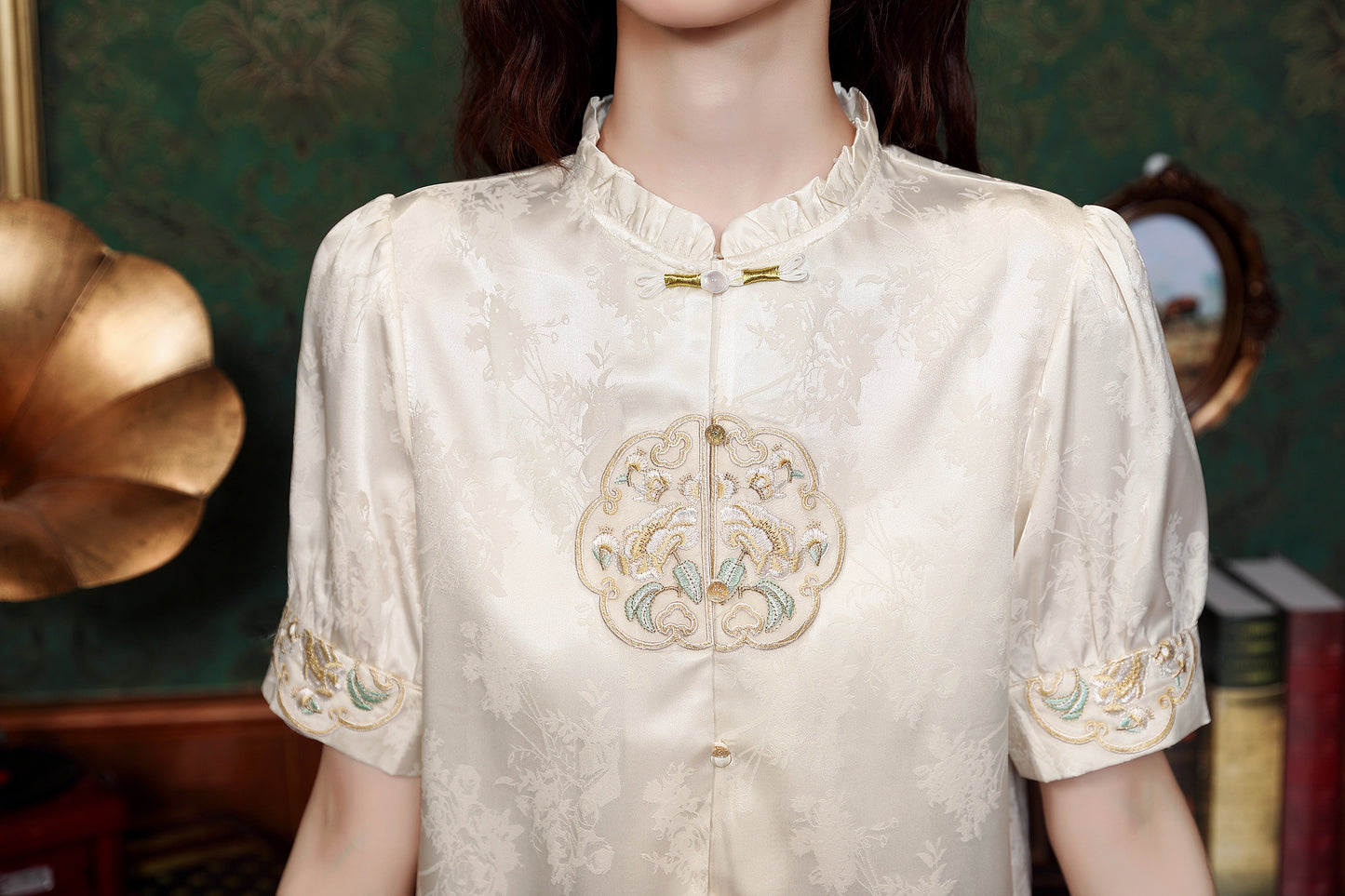 Women's Silk Satin Embroidery Jacquard Blouse Tops