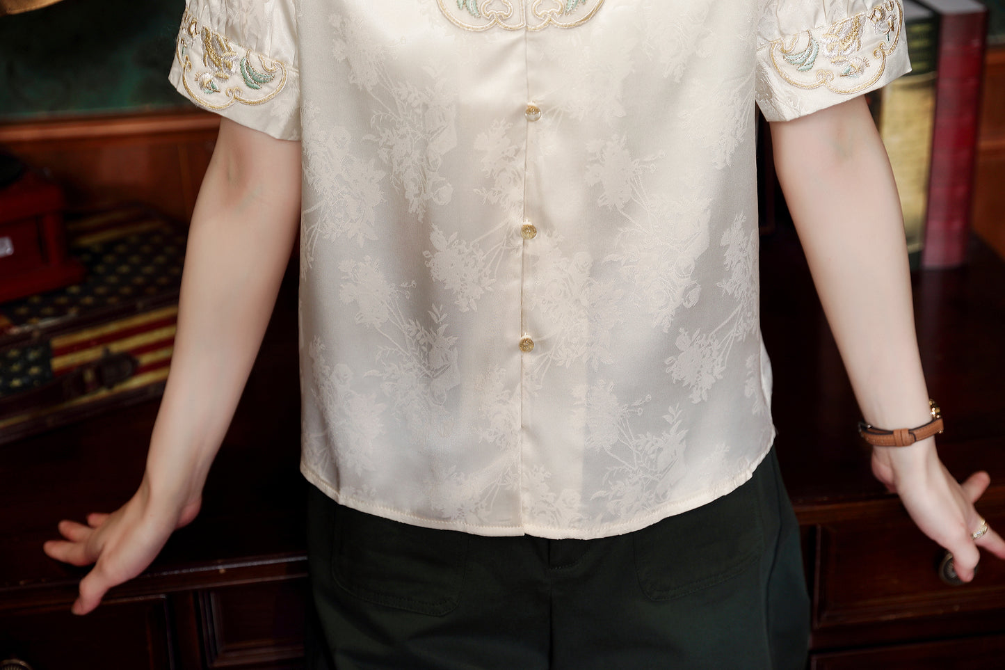 Women's Silk Satin Embroidery Jacquard Blouse Tops
