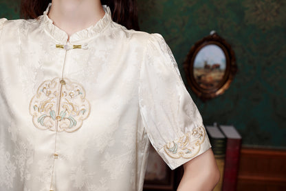 Women's Silk Satin Embroidery Jacquard Blouse Tops