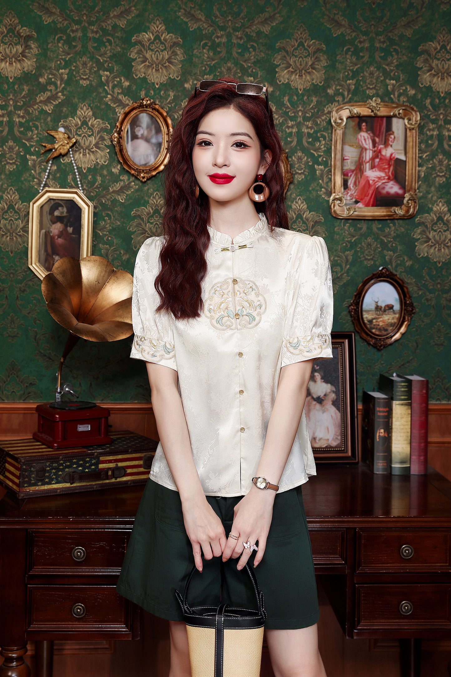 Women's Silk Satin Embroidery Jacquard Blouse Tops
