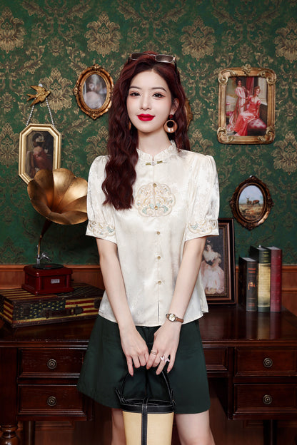 Women's Silk Satin Embroidery Jacquard Blouse Tops