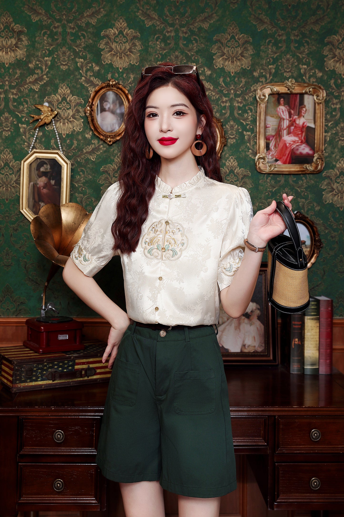 Women's Silk Satin Embroidery Jacquard Blouse Tops
