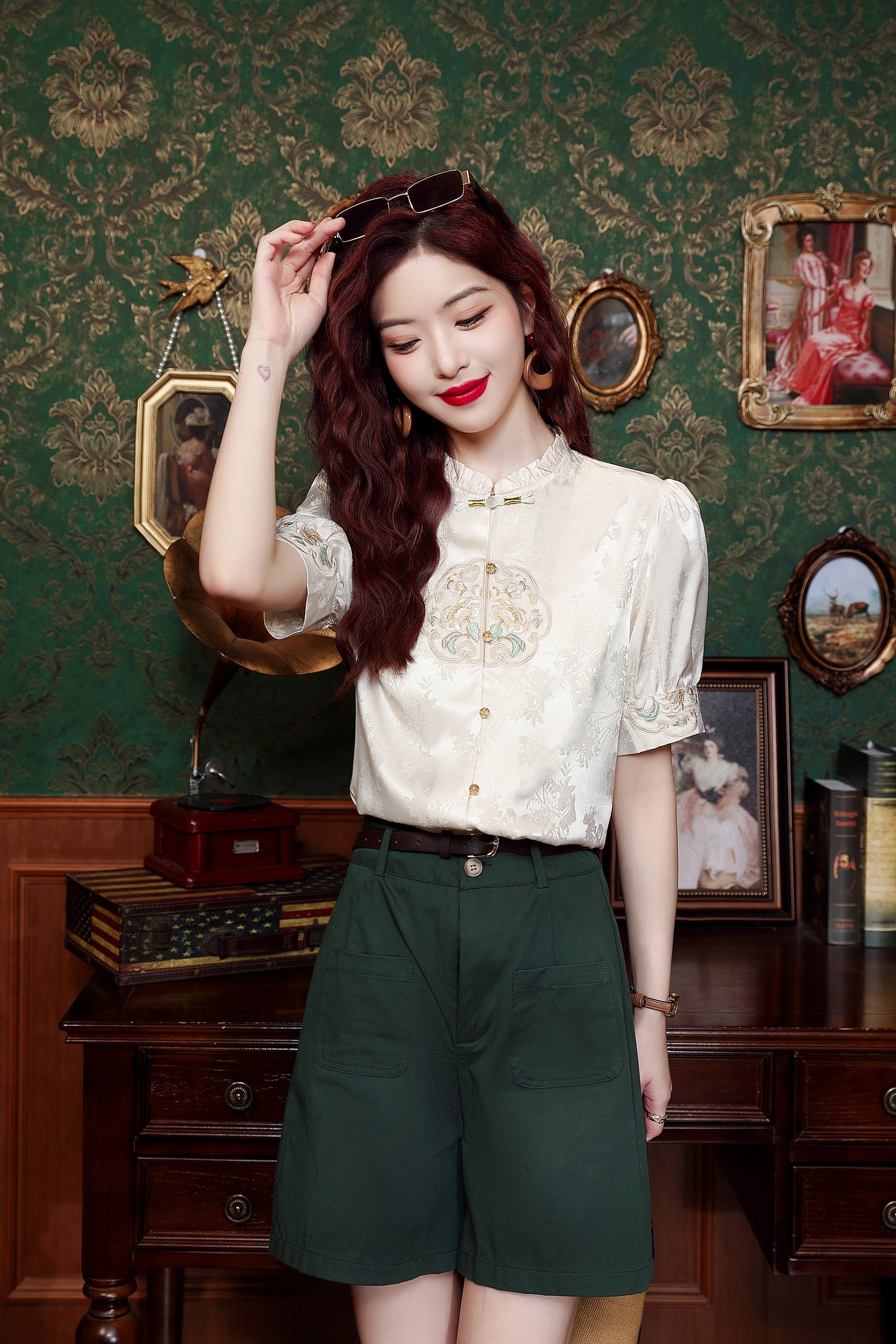 Women's Silk Satin Embroidery Jacquard Blouse Tops
