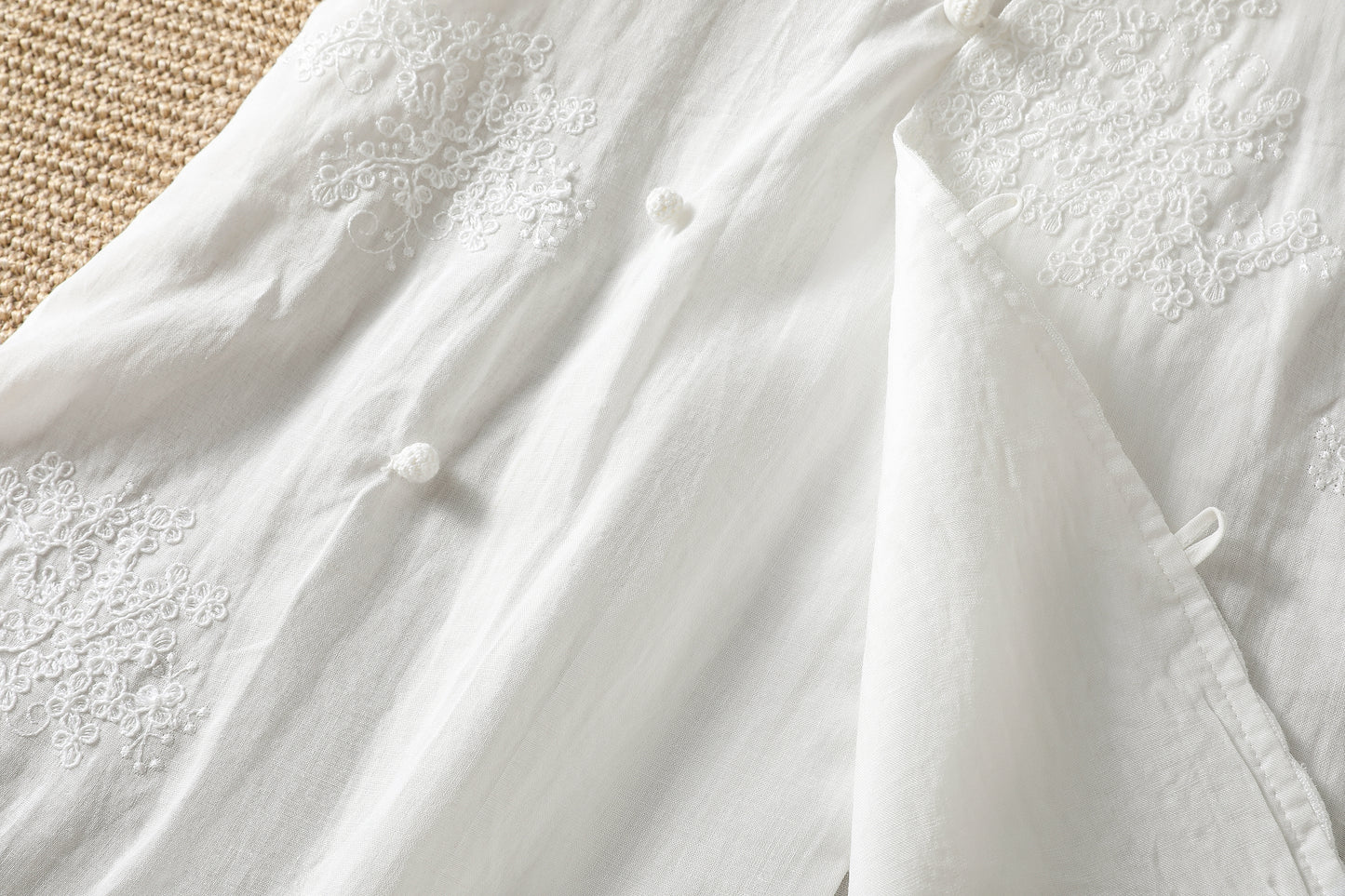 Embroidered Asymmetrical Cotton-Linen Blouse | Lightweight Summer Mandarin Collar Top